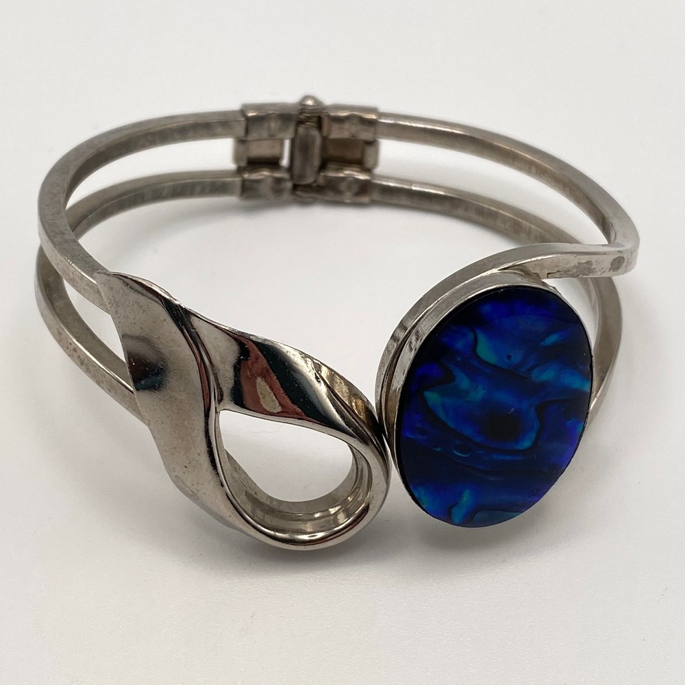 Vintage Hinged Bangle Bracelet Silver Tone Modernist Blue Abalone Shell 7"